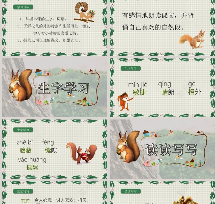 绿色简约清新五年级语文课件《松鼠》PPT 第2张