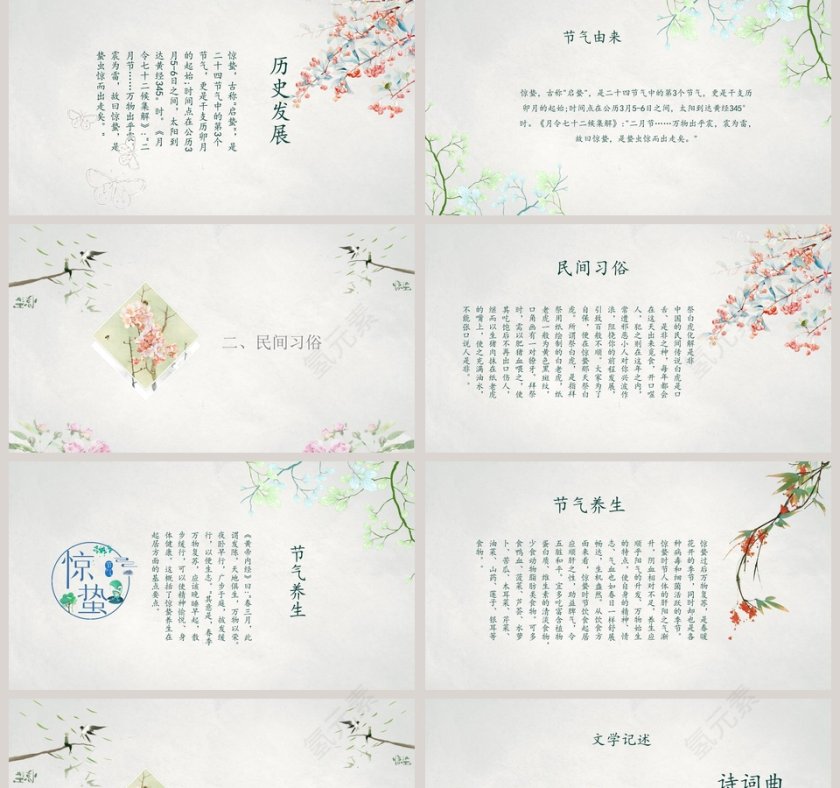 复古淡雅中国风二十四节气惊蛰PPT模板第2张