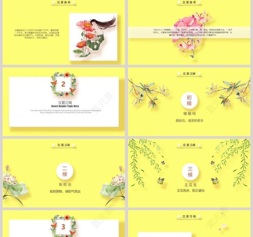 鹅黄微立体立夏清新PPT模板第2张