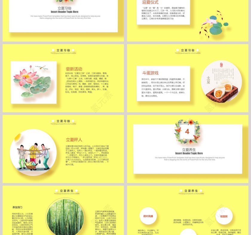 鹅黄微立体立夏清新PPT模板第3张