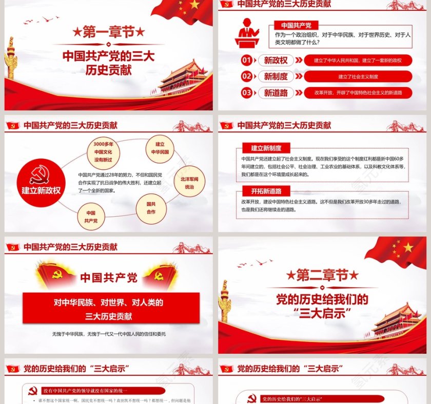 中国风庆祝中华人民共和国成立70周年/中国共产党成立98周年党课PPT模板第2张