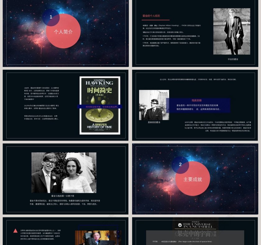 黑色太空伟人物理学家科学奇才霍金介绍动态ppt  第2张