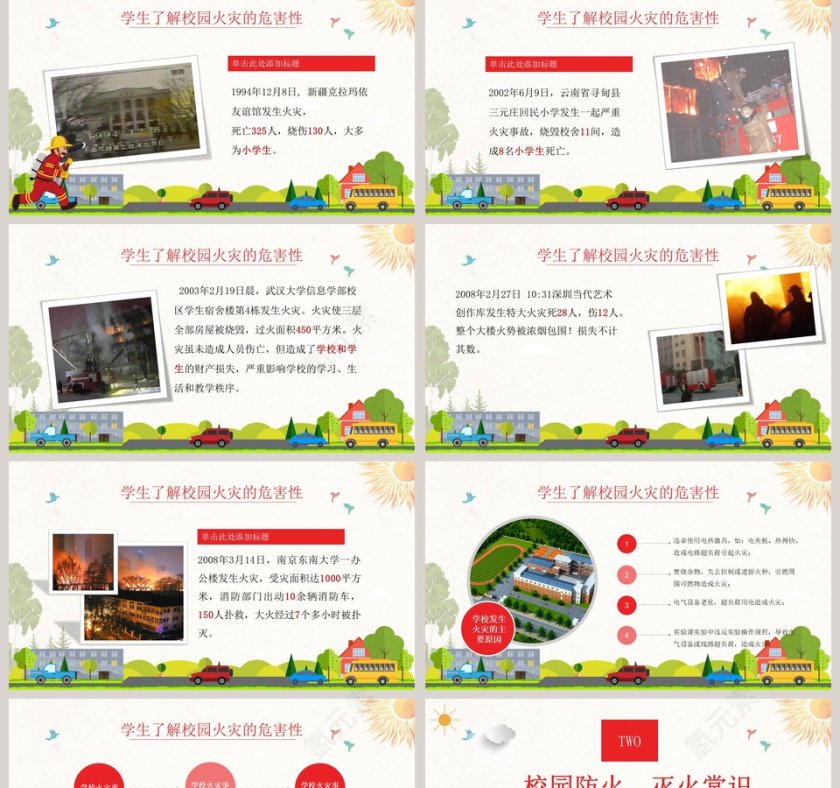 淡雅卡通消防安全学习教育PPT模板第2张