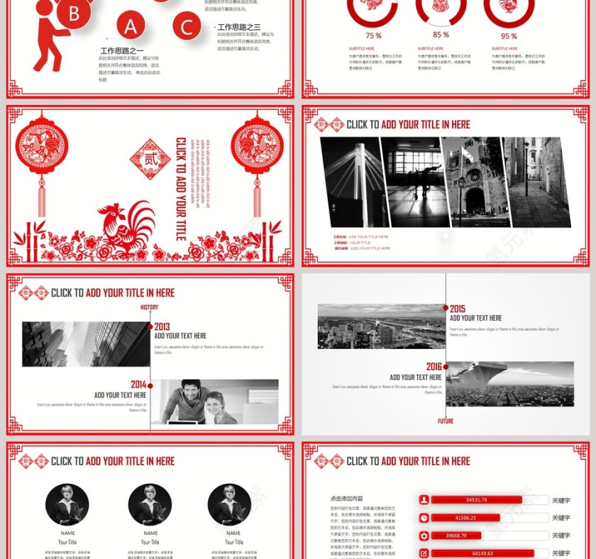 红色剪纸中国风金融业多图表工作总结PPT模板第3张
