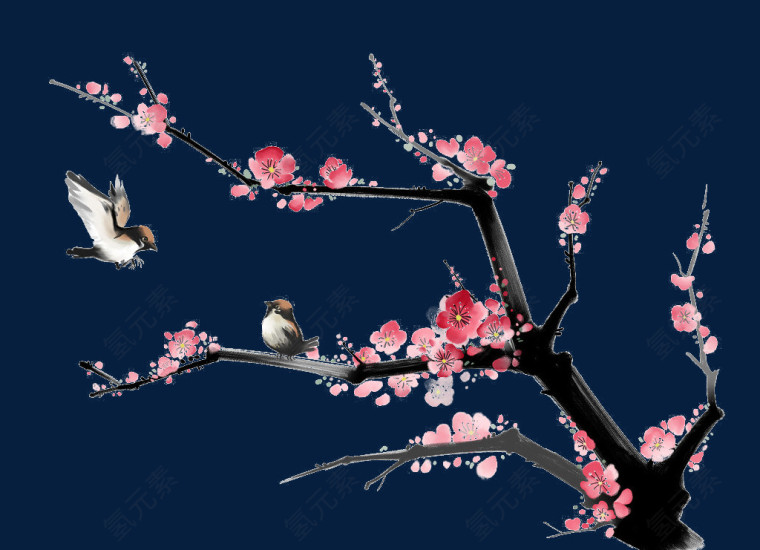 水墨梅花枝飞鸟