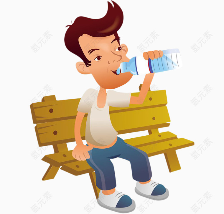 卡通坐在椅子上喝水的男人