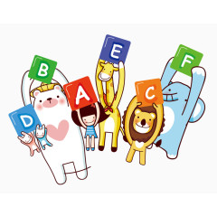 卡通手绘举着字母牌的女孩与动物