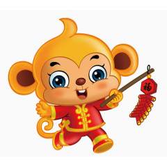 卡通手绘提着鞭炮灯笼的猴子