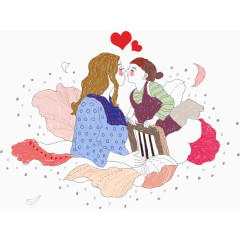手绘母女俩互动