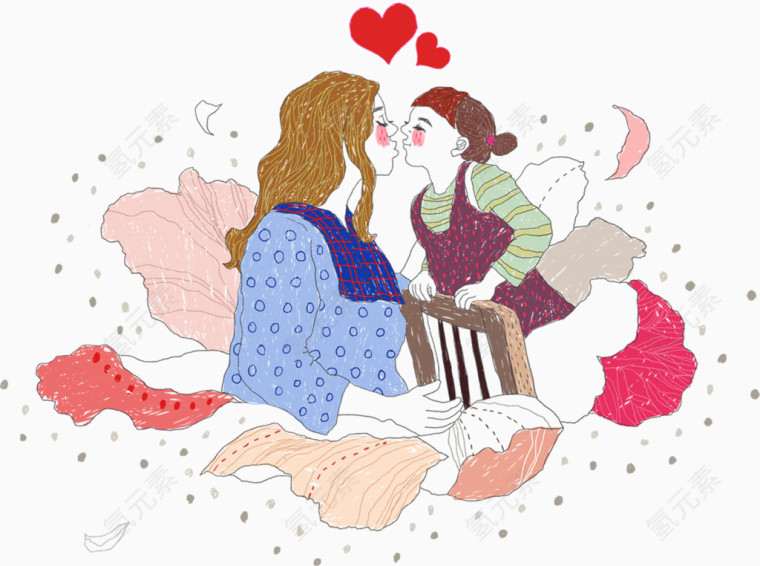 手绘母女俩互动