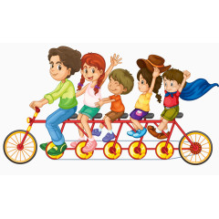 卡通手绘一起骑多人自行车的儿童 