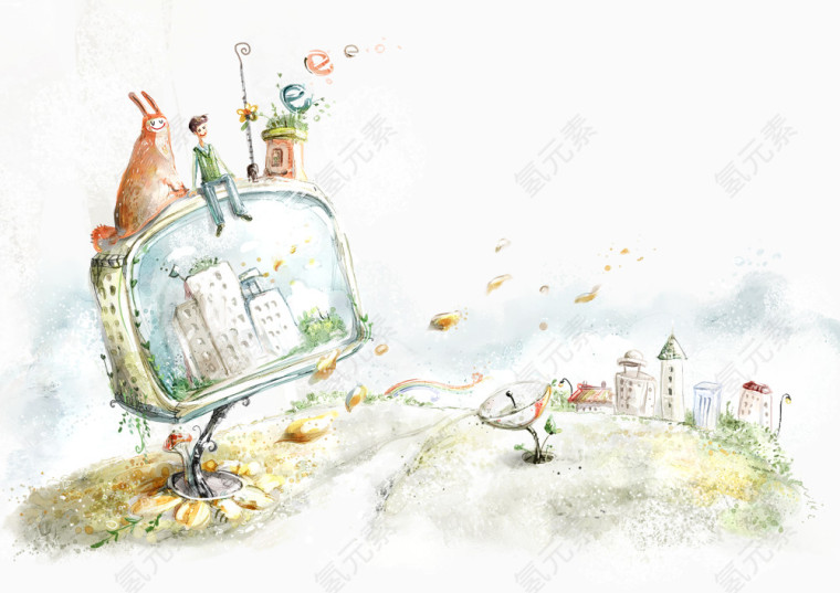手绘清新村庄场景插画