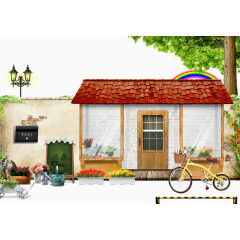 红色房屋和自行车