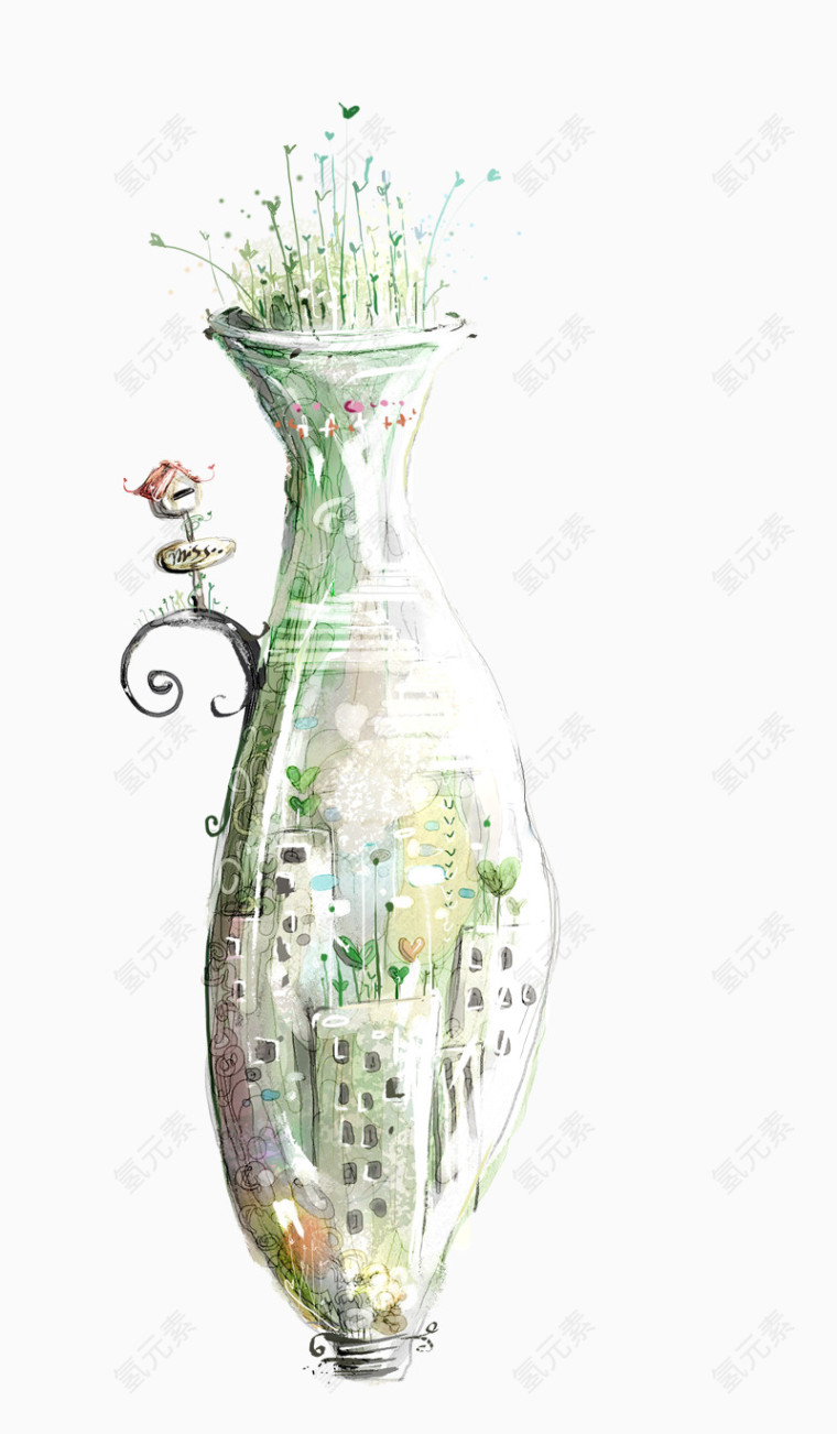 手绘梦幻花瓶场景插画