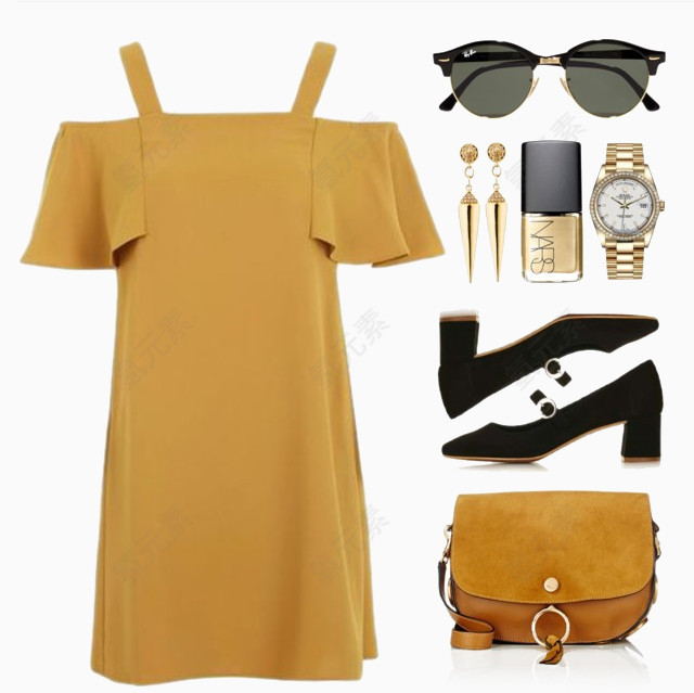 橘色连衣裙和包包