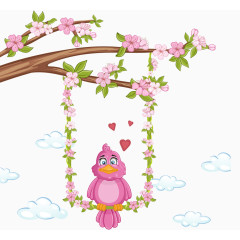 卡通手绘紫色花朵小鸟树枝