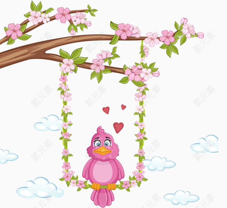 卡通手绘紫色花朵小鸟树枝