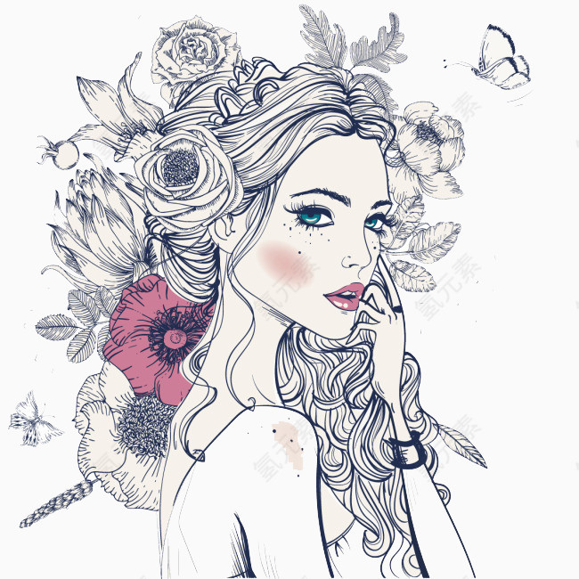 花卉蝴蝶女性插画