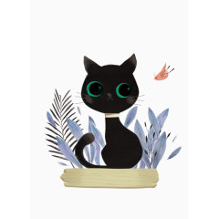 手绘黑色猫咪小鸟