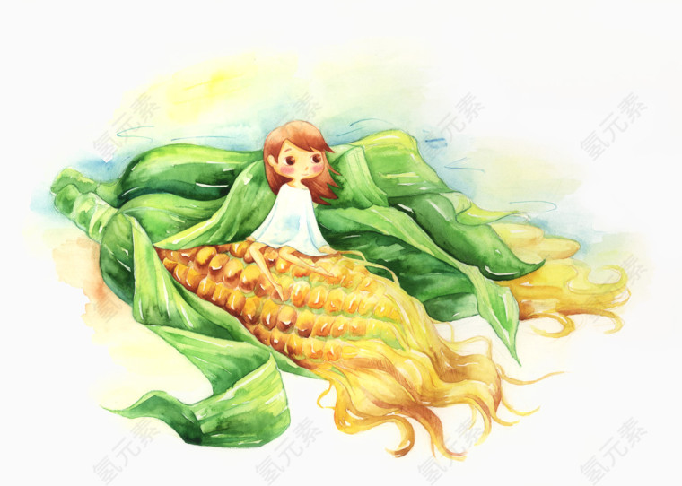 手绘清新玉米女孩插画