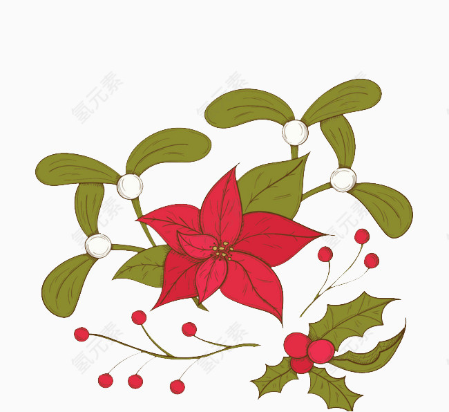 卡通手绘绿叶红花