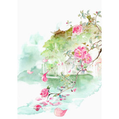 水彩古风河池