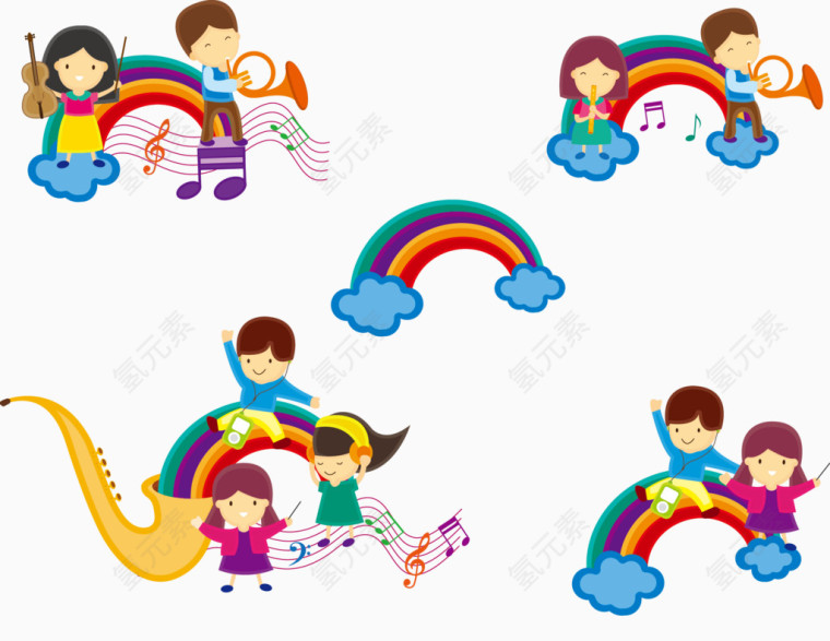 在彩虹上玩耍的小孩子