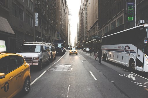 市中心,纽约,纽约市,城市,街道,路,汽车,面包车,公交车,建筑物,停