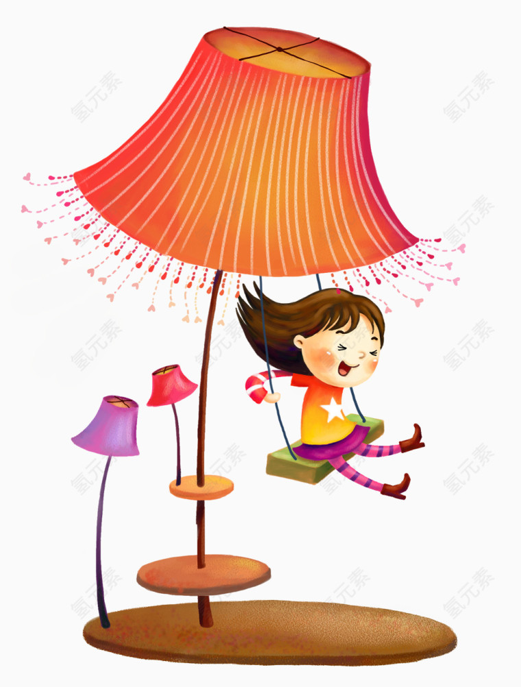 手绘清新台灯下荡秋千的女孩插画