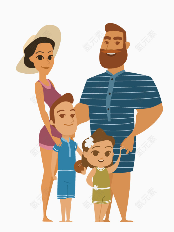 卡通手绘一家人海边旅行