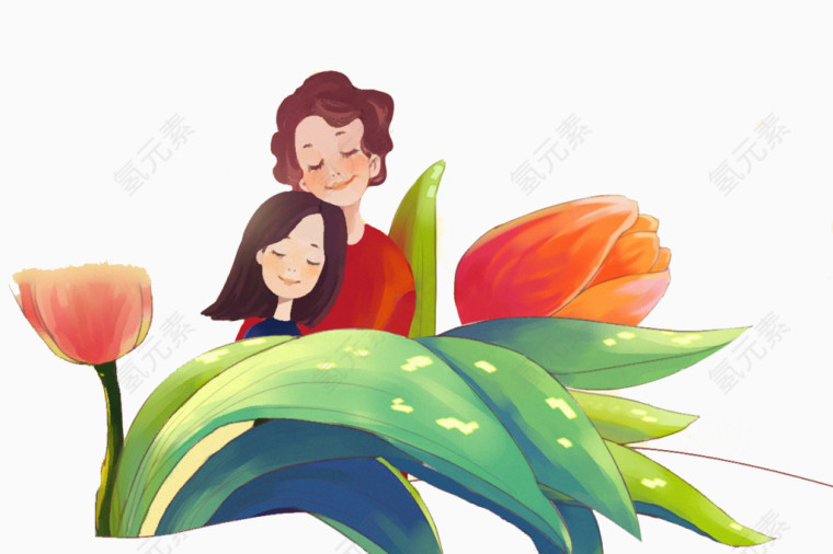 手绘鲜花母女