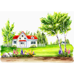 绿色大树和红色小屋