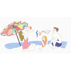 手绘海边度假的一家人