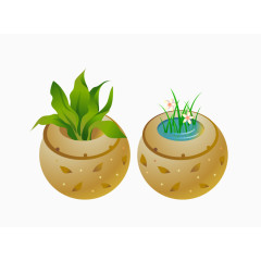 卡通手绘清新花盆盆栽树叶