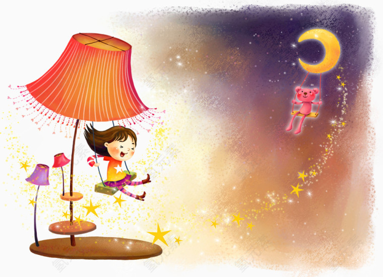 手绘清新台灯下荡秋千的女孩插画