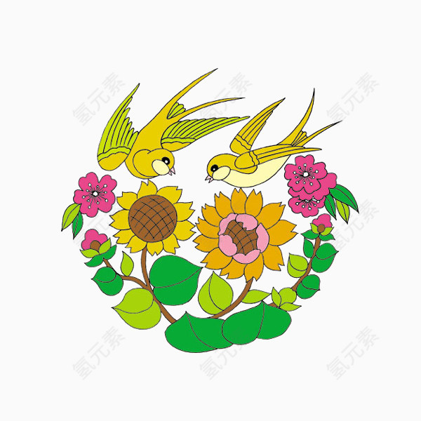 小鸟花朵绘画