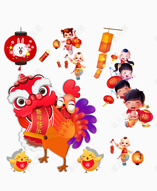 手绘公鸡儿童节庆