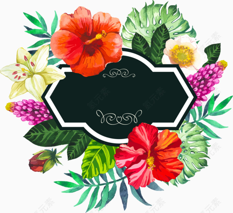 手绘水彩艳丽花朵边框 