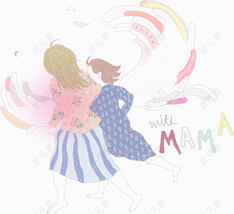 奔跑人物母女手绘