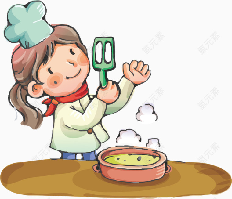 做饭的小女孩卡通手绘装饰元素