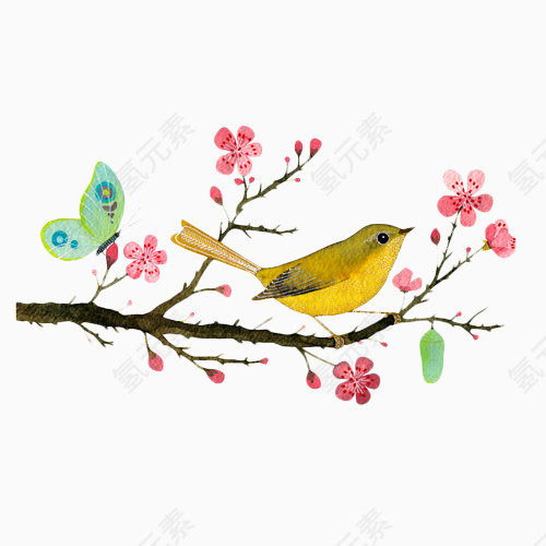 手绘彩色花枝小鸟