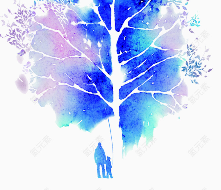 水彩树下的父子