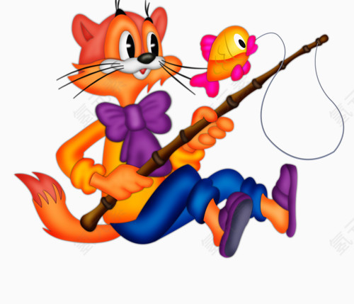 卡通绘画在钓鱼的猫