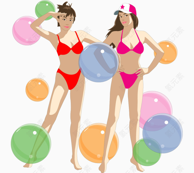 卡通手绘彩色泡泡性感美女