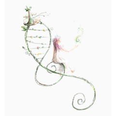 手绘清新音符上的女孩插画