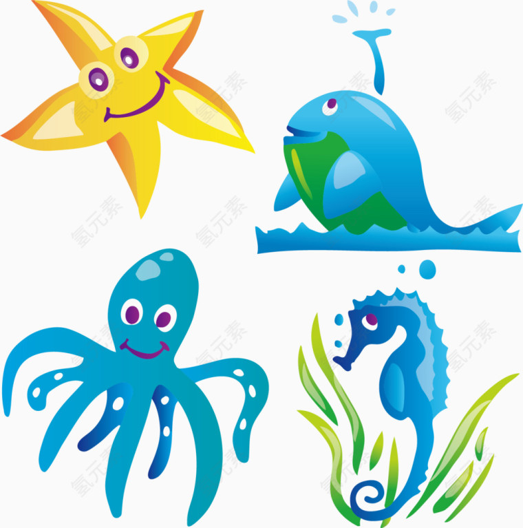 海星鲸鱼八爪鱼海马海草卡通手绘装饰元素
