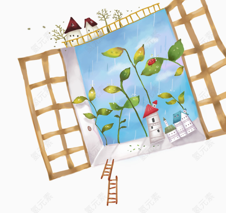 水墨清新窗外风景插画