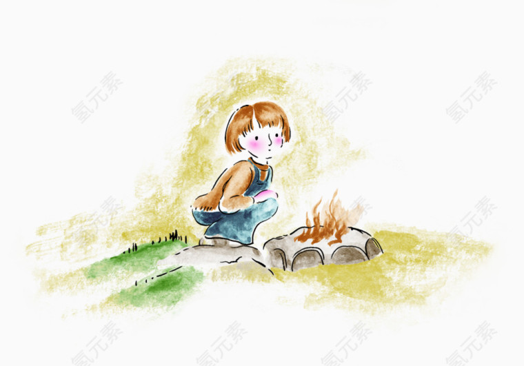 水彩清新小女孩场景插画