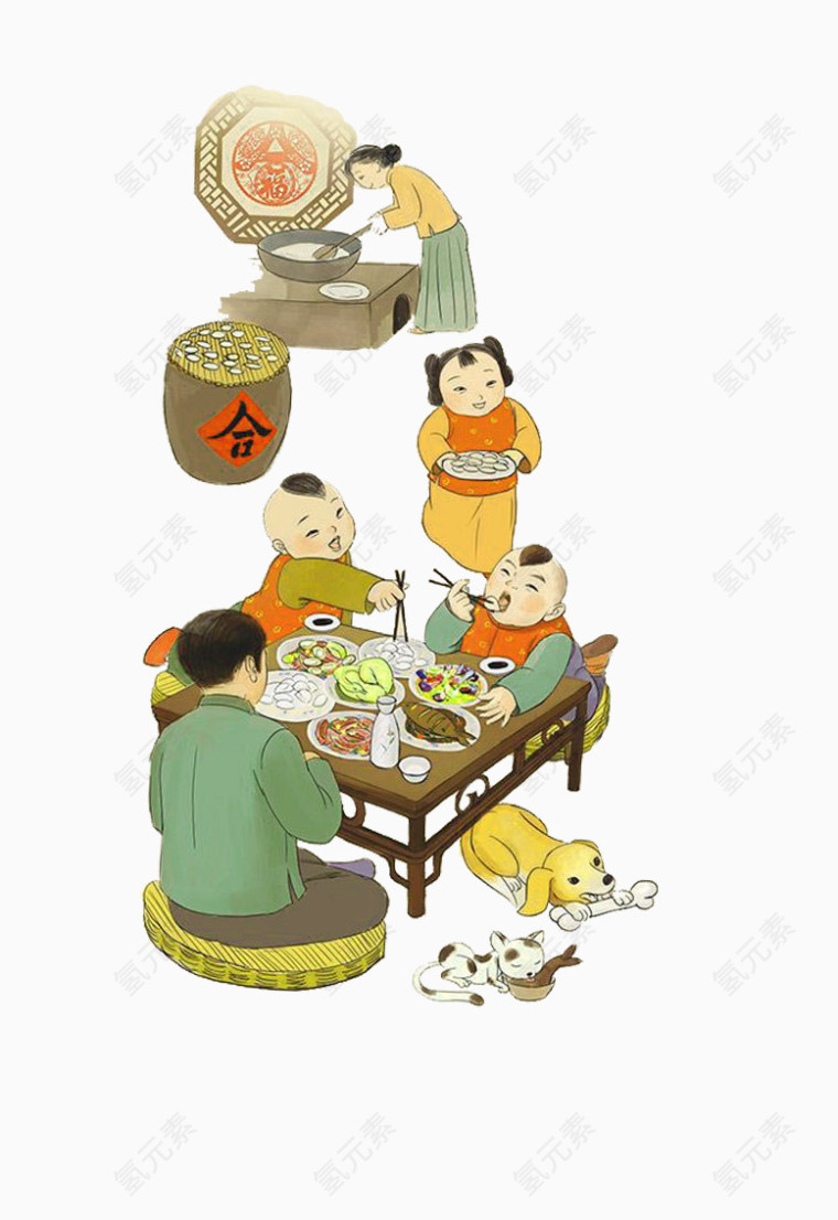 人物团圆吃饭剪纸