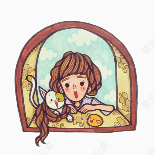 卡通手绘长头发的小女孩与猫